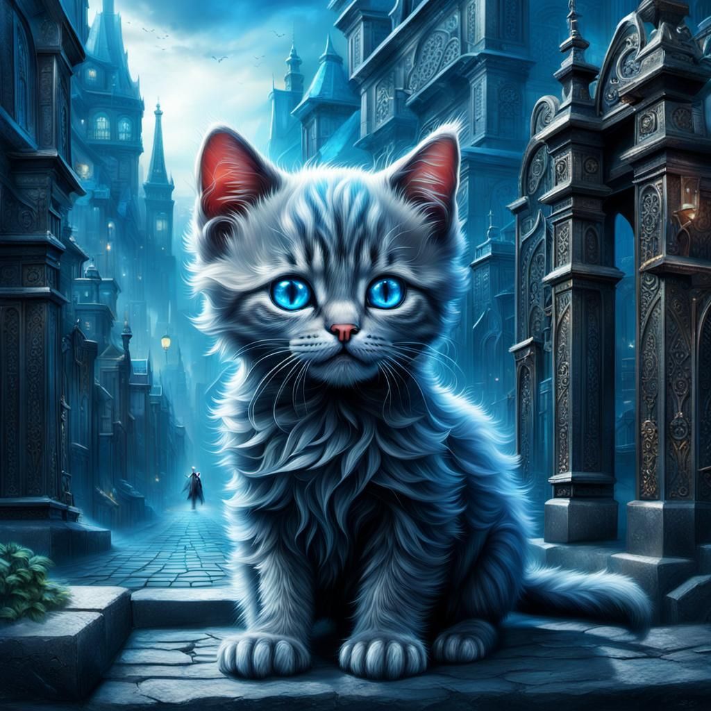Anthropomorphic Kitten with Blue Eyes at City Gates