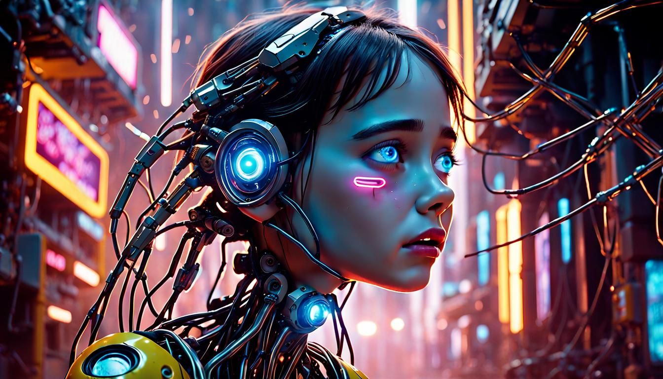 Cyborg Girl Crying in Neon Cyberpunk Wasteland