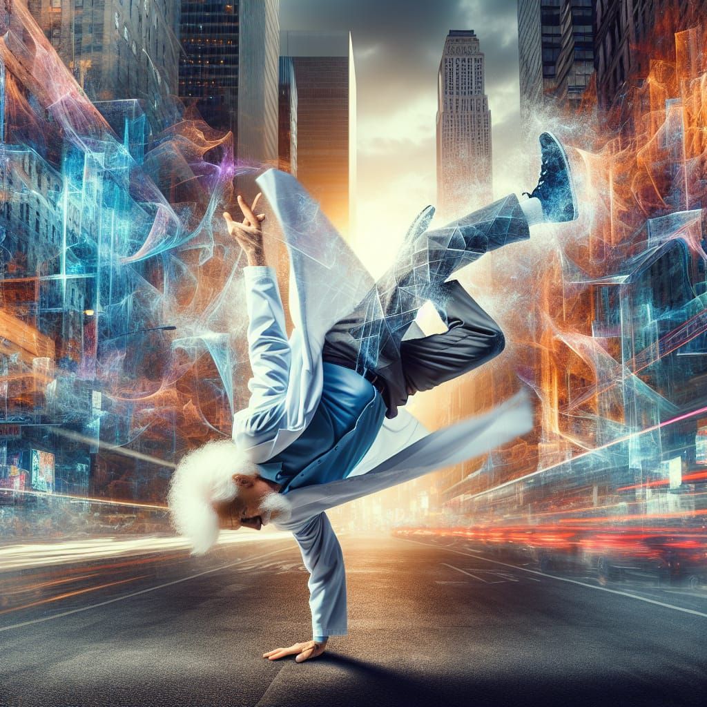 Scientist's Surreal Breakdance in Vibrant Cityscape