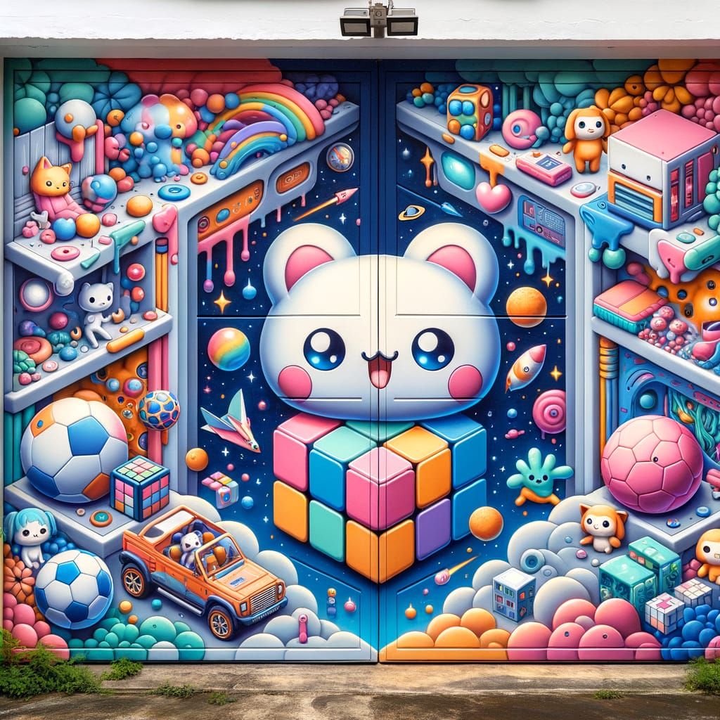 Vivid Kawaii Mural on Garage Door in 8k