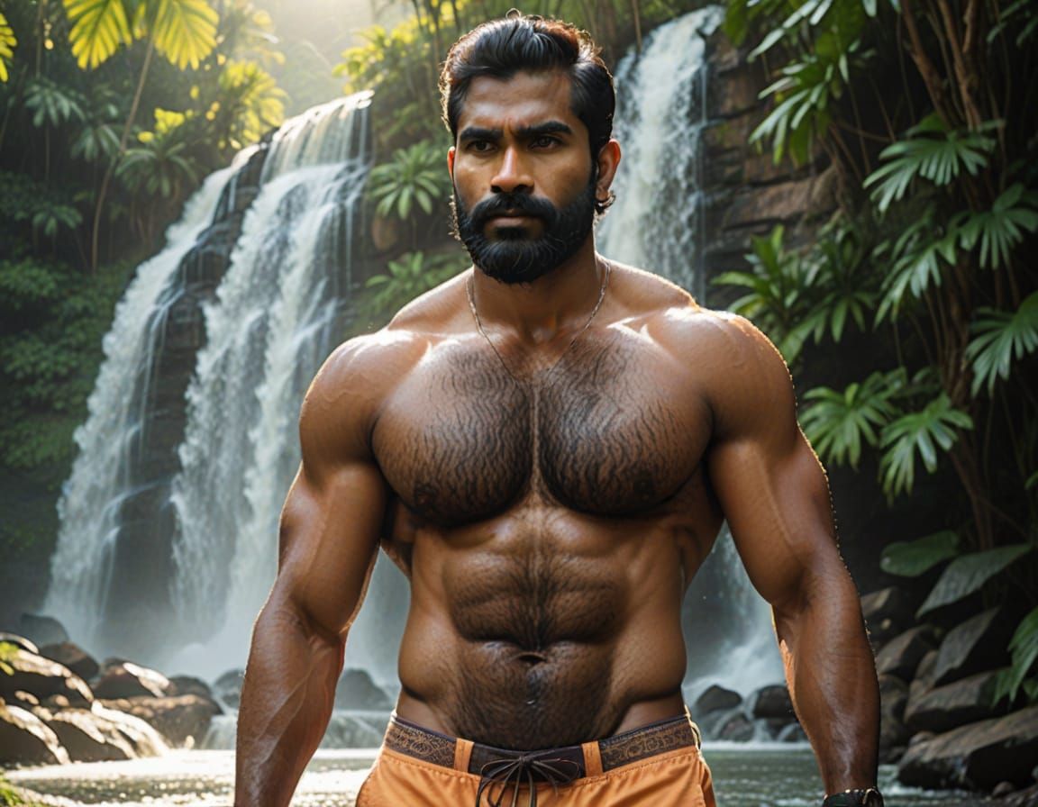 Handsome South Indian Man Basks in Tropical Waterfall Paradi...