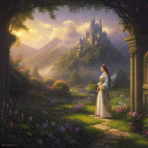 Woman in Dornish Clothes in Misty Garden