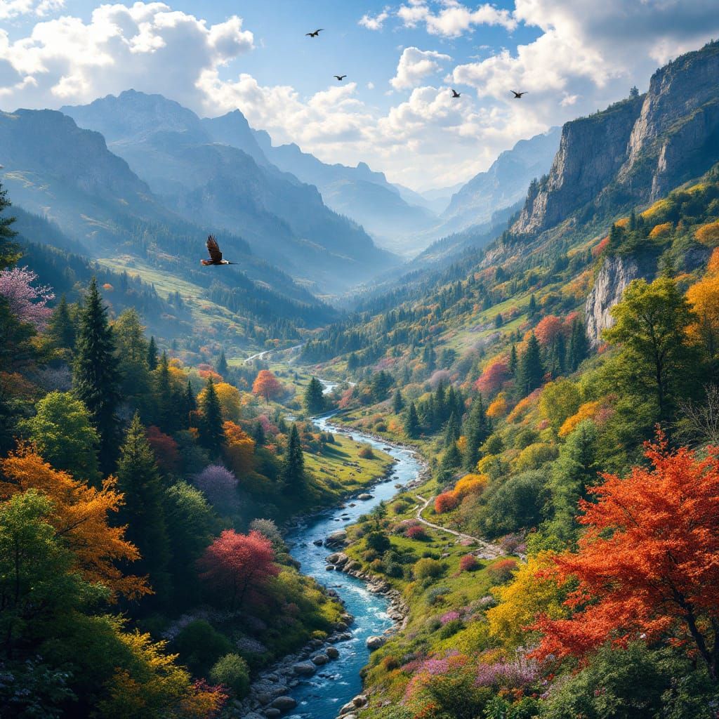 Drone Shot of Lush Valley with River and Flying Birds