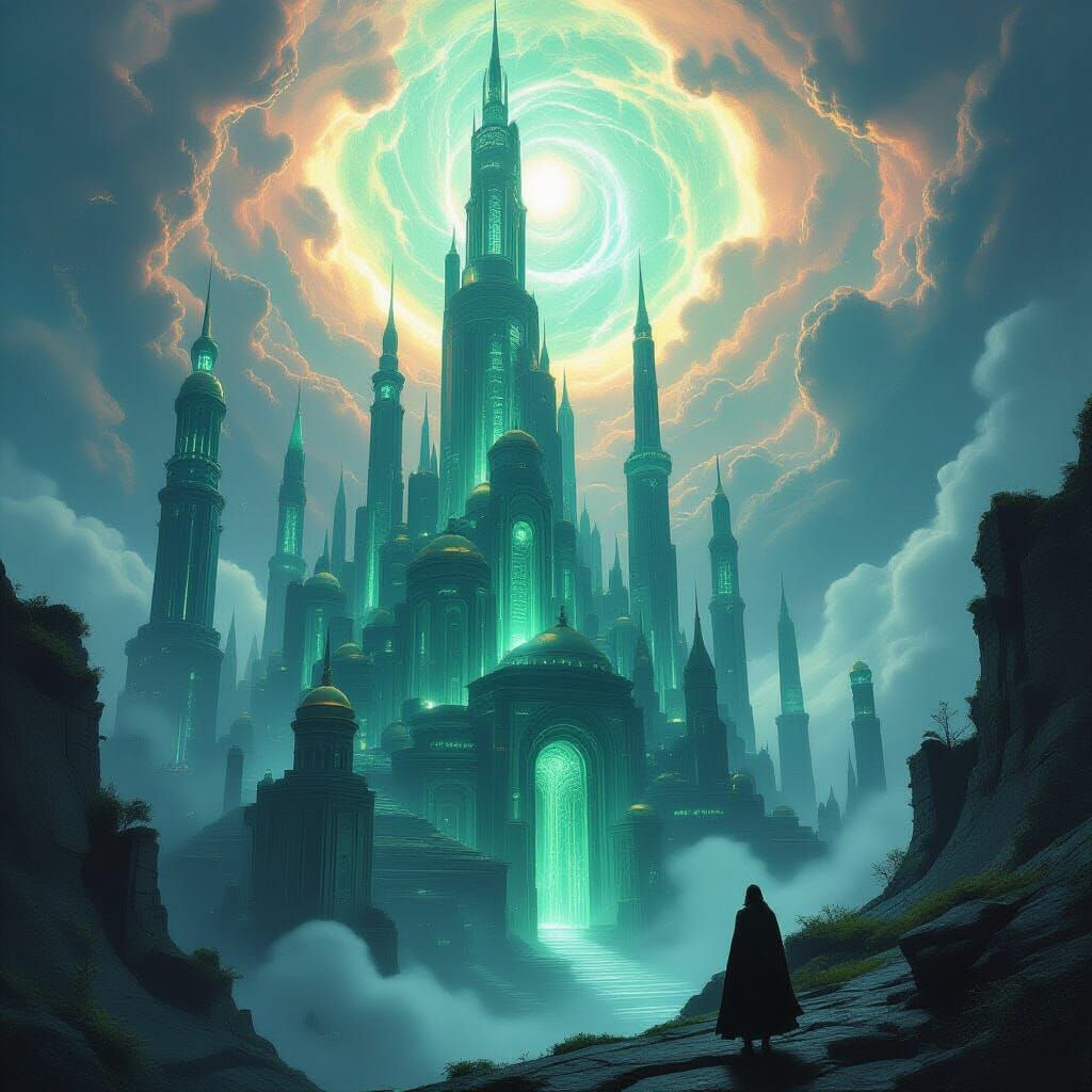 Alien City of Glowing Spider Silk in Cosmic Sky