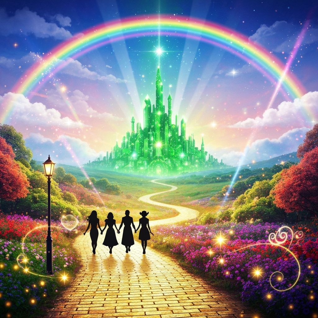 Fantasy Emerald City with Rainbow and Silhouettes