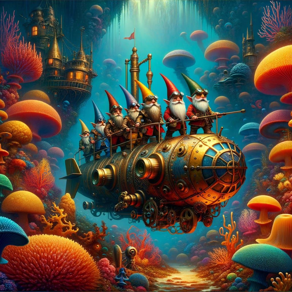 Gnomes in Steampunk Submarine Explore Coral Reef