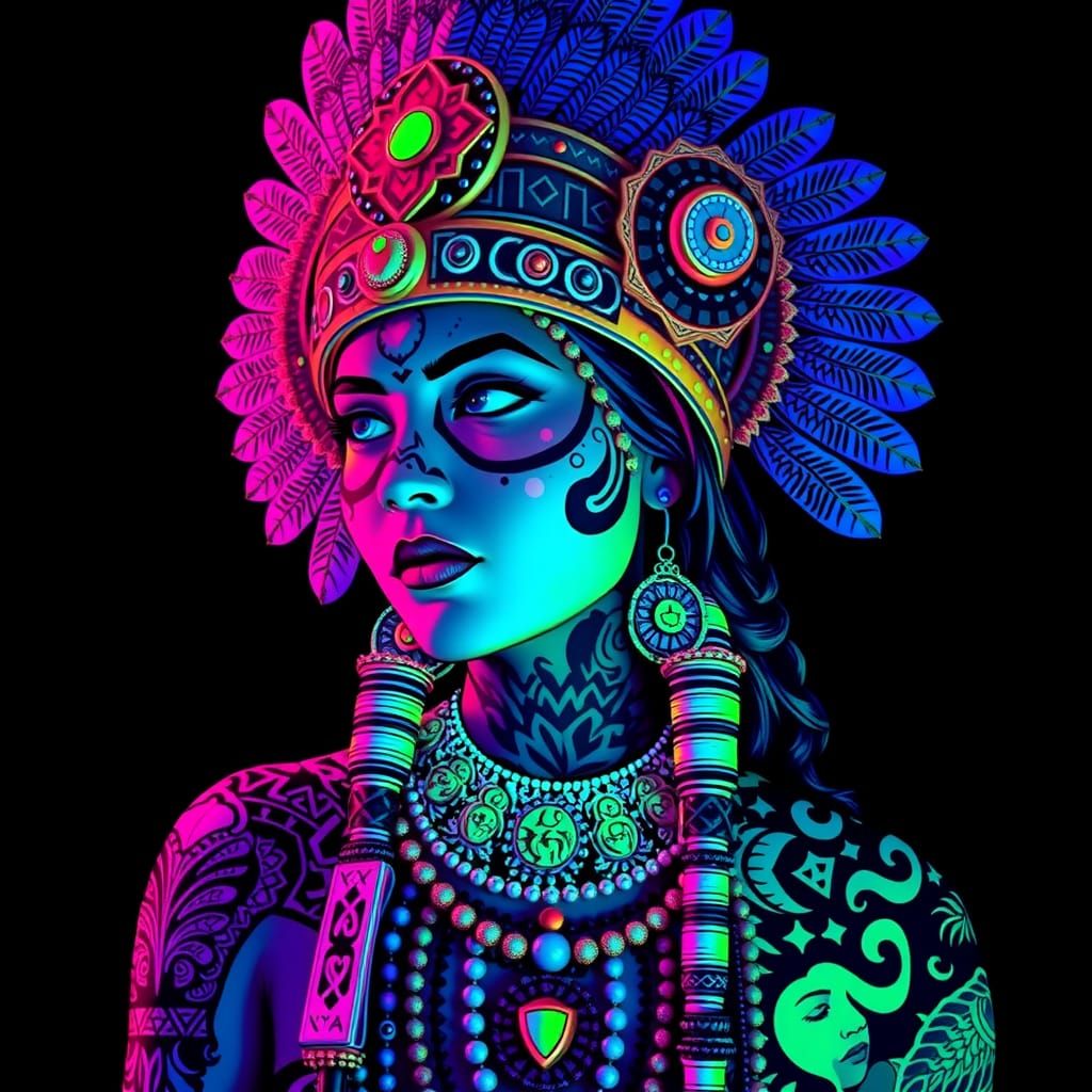 Aztec Woman with Tribal Tattoos in Fluorescent Colors
