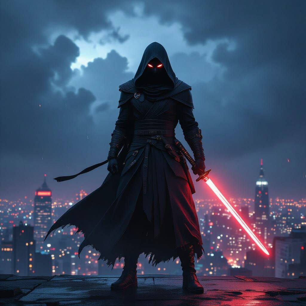 Mysterious Warrior on Rooftop with Glowing Katana