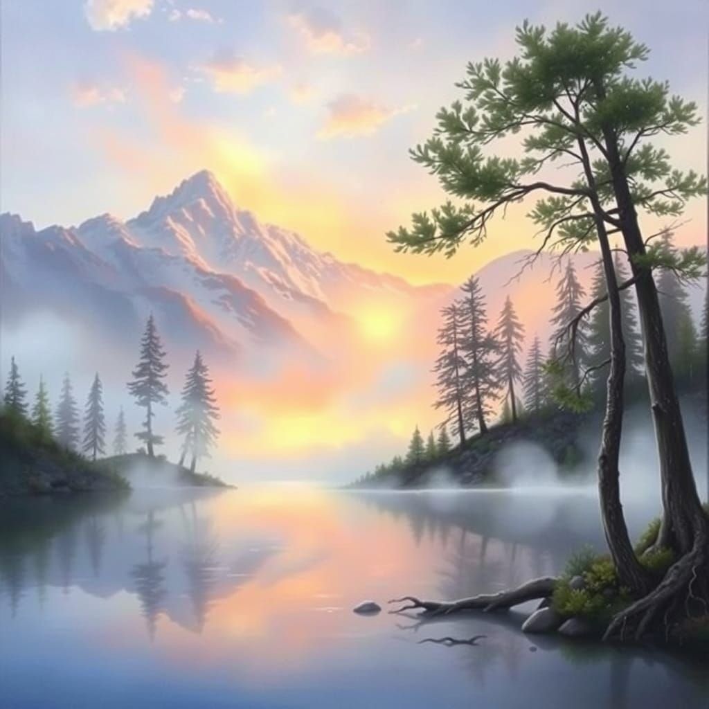 Misty Mountain Sunrise Painting with Fantasy Details