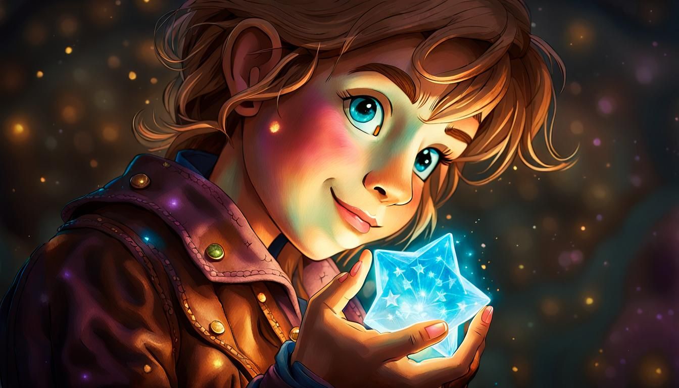 Treasure Hunter Holds Glowing Gem in Storybook Illustration