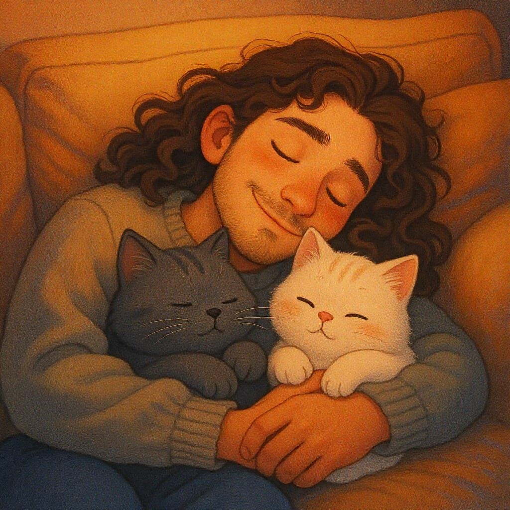 Dad Sleeping with Cats: Whimsical Illustration