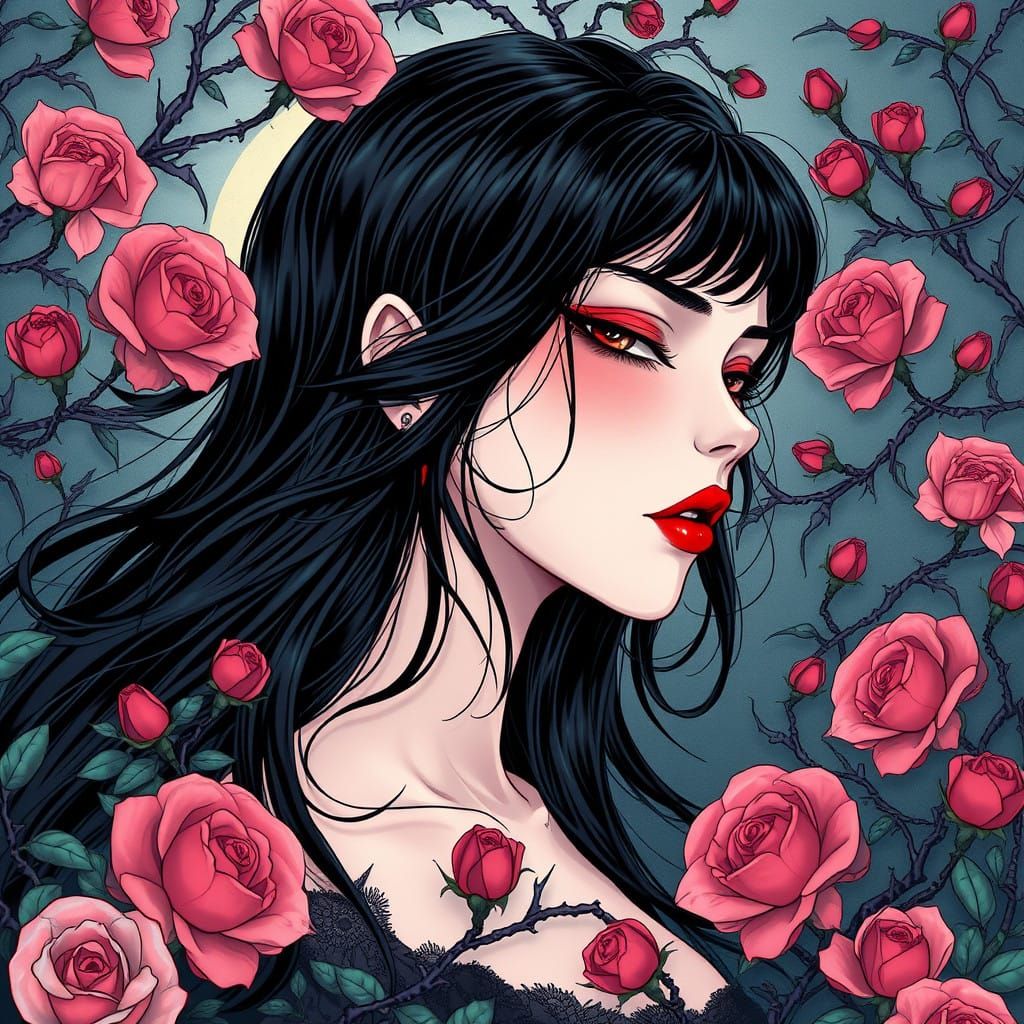 Mysterious Woman in Anime-Inspired Rose Garden