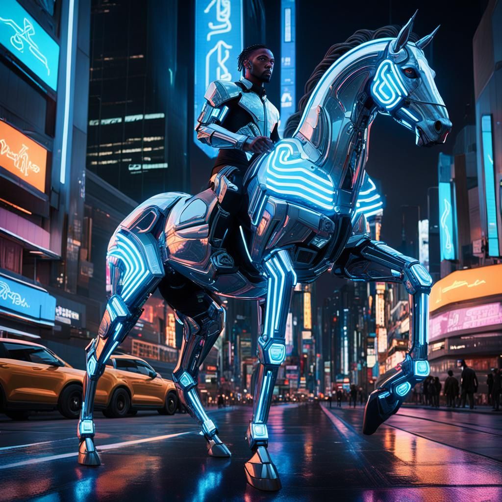 Cyberpunk Centaur Navigates Futuristic City Streets