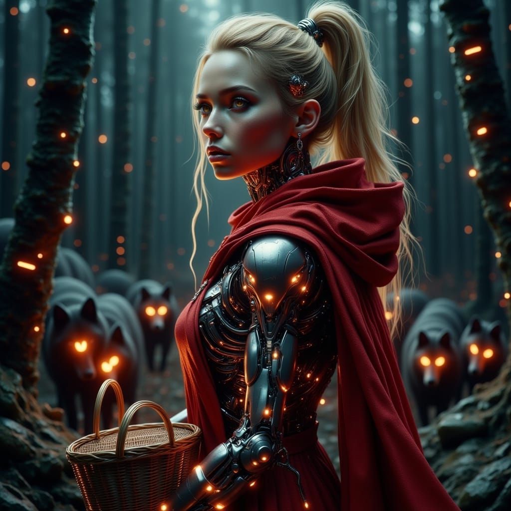Cyborg Girl in Red Cloak Walking Through Dark Forest