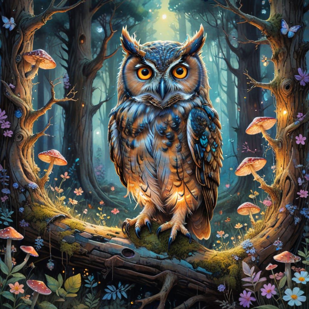 Mystical Owl in Watercolor Forest Scene