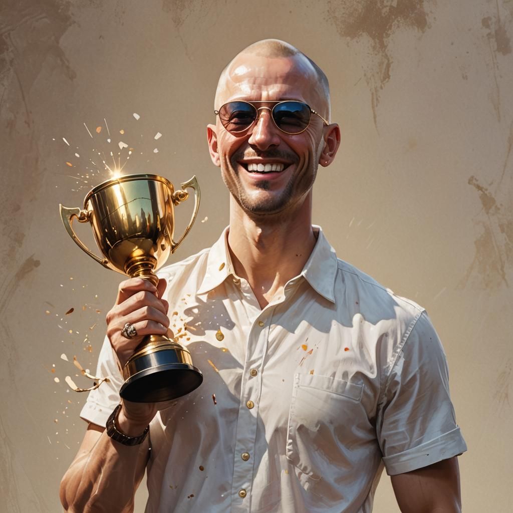 Hyperrealistic Man with Trophy in Splash Art Style
