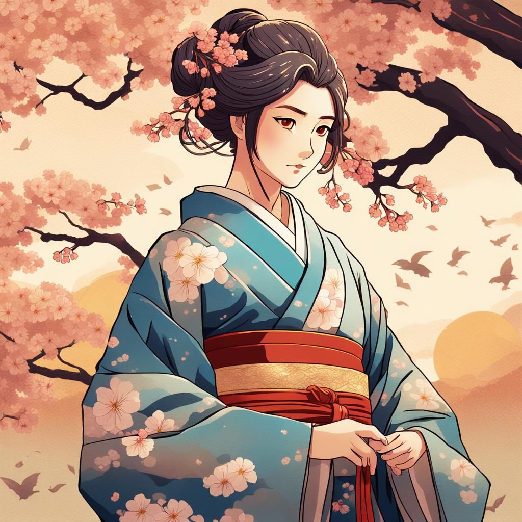 Elegant Ukiyo-e Anime Lady in Kimono