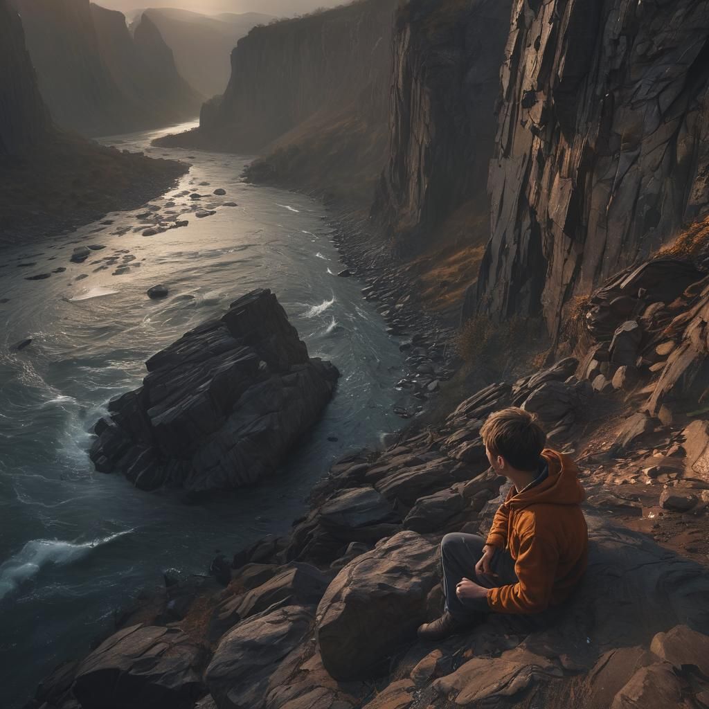 Boy on Cliff Crying, Dramatic Digital Painting