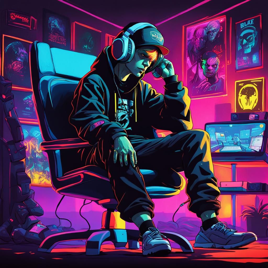 Teen Zombie Gamer in Cyberpunk Style Room