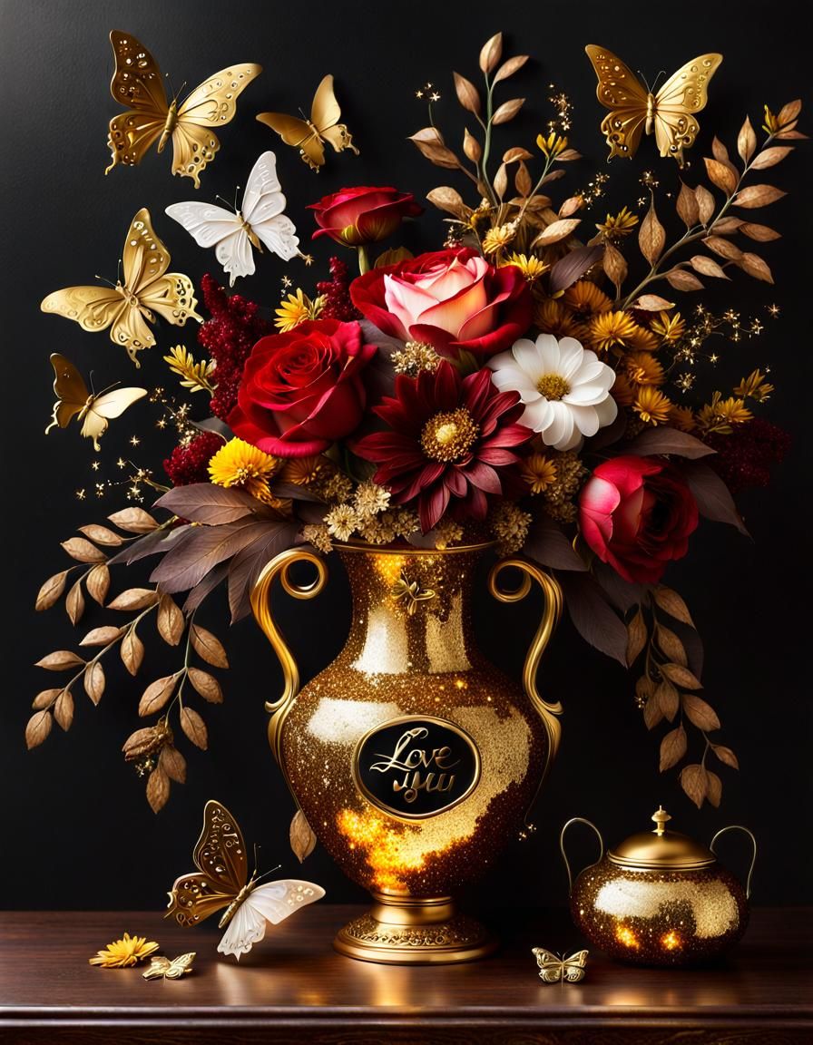 Magical Golden Flower Arrangement with Butterflies