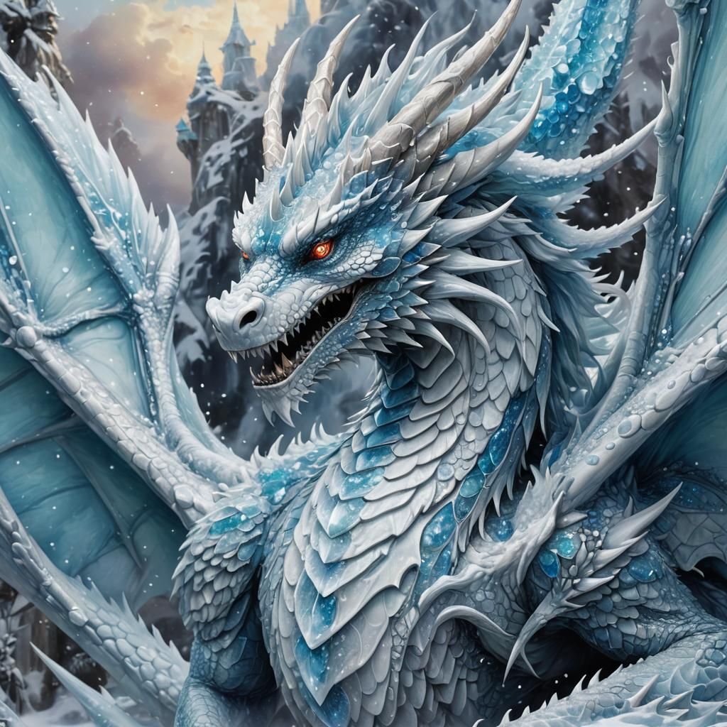 Majestic Snow Dragon in Icy Vortex, Matte Painting