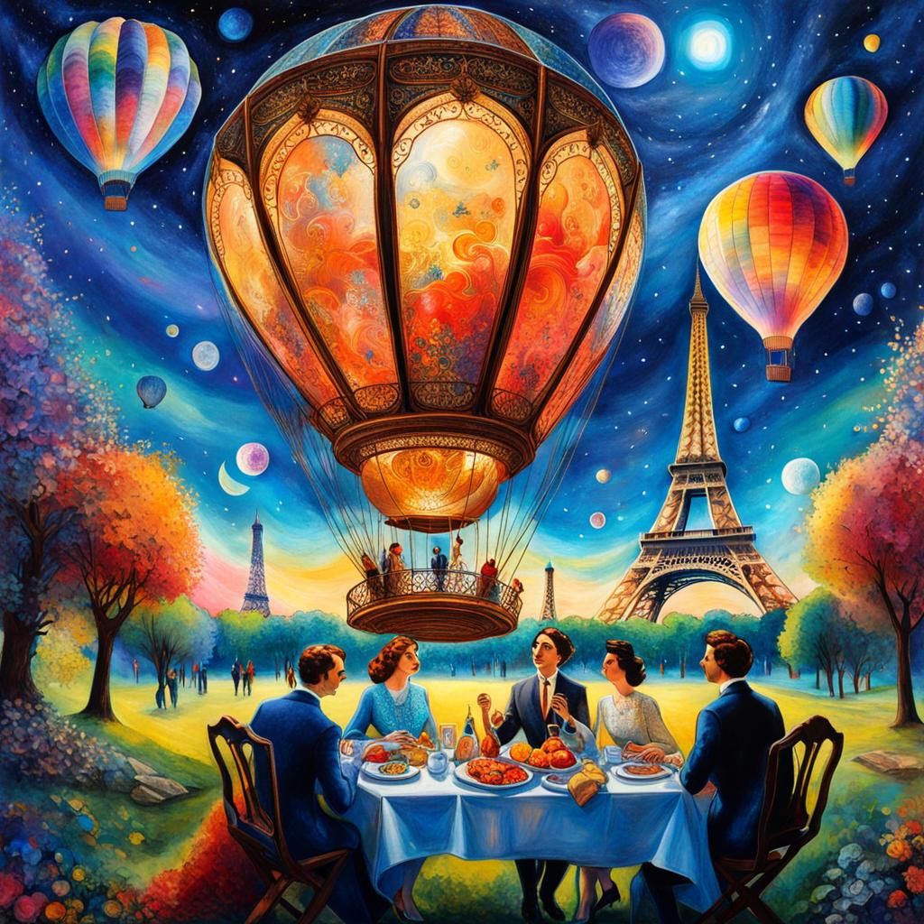 Eiffel Tower Picnic: A Surreal Holographic Illustration