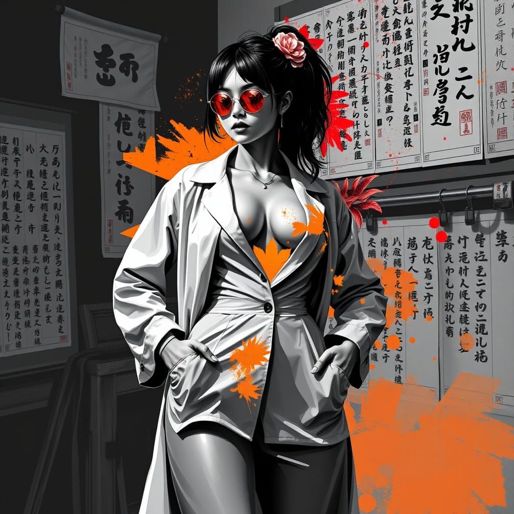 Cyberpunk Pin-Up with Calligraphy in Grayscale and Orange