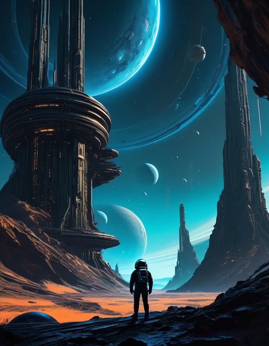 Astronaut on Alien Planet Gazing at Ancient Structure