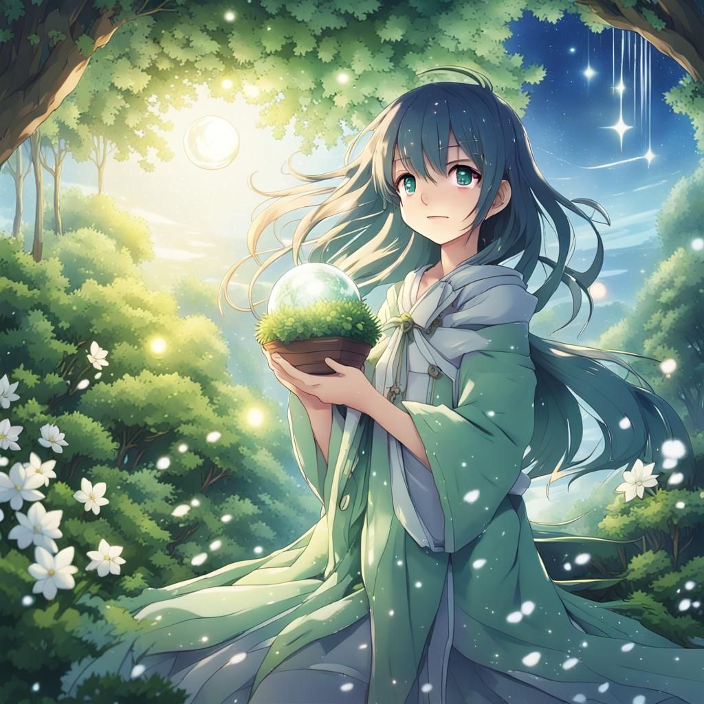 Anime Plant Magic in Snowy Spring Morning