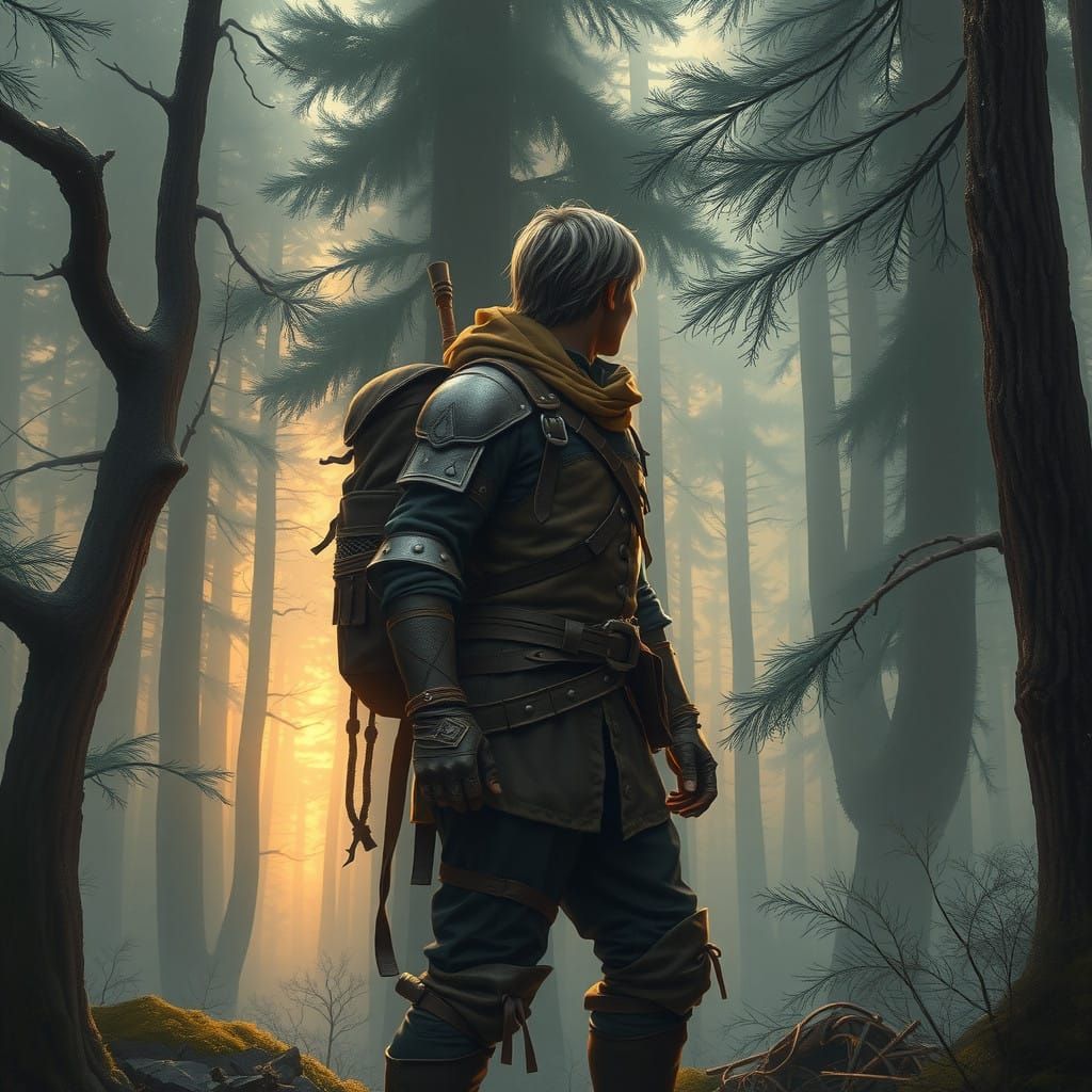 Fearless Adventurer Stands at Forest's Edge in Fantasy Lands...