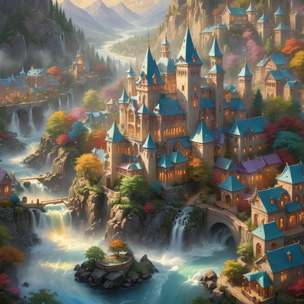 Heavenly Palace Over Golden Streets in Dreamy Light