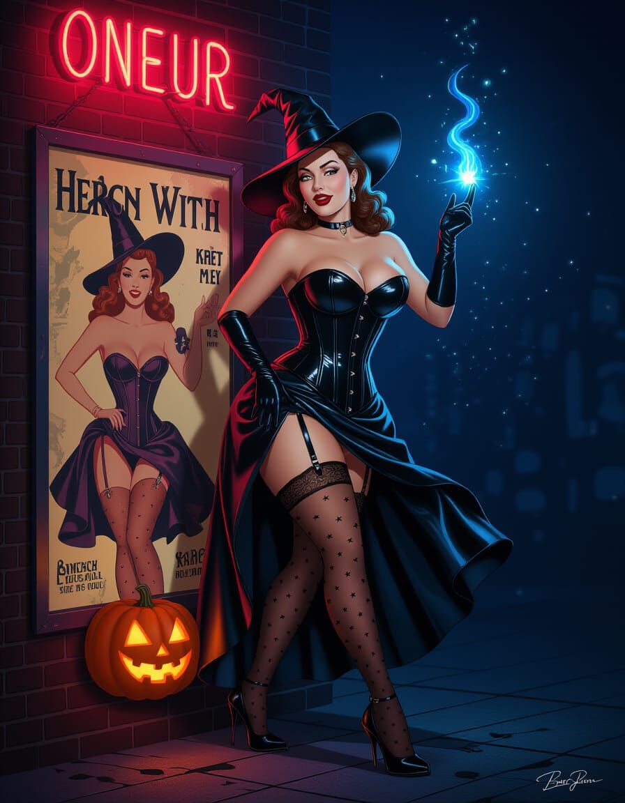 Curvy Witch Steps From Pin-Up Poster in Neon Glow