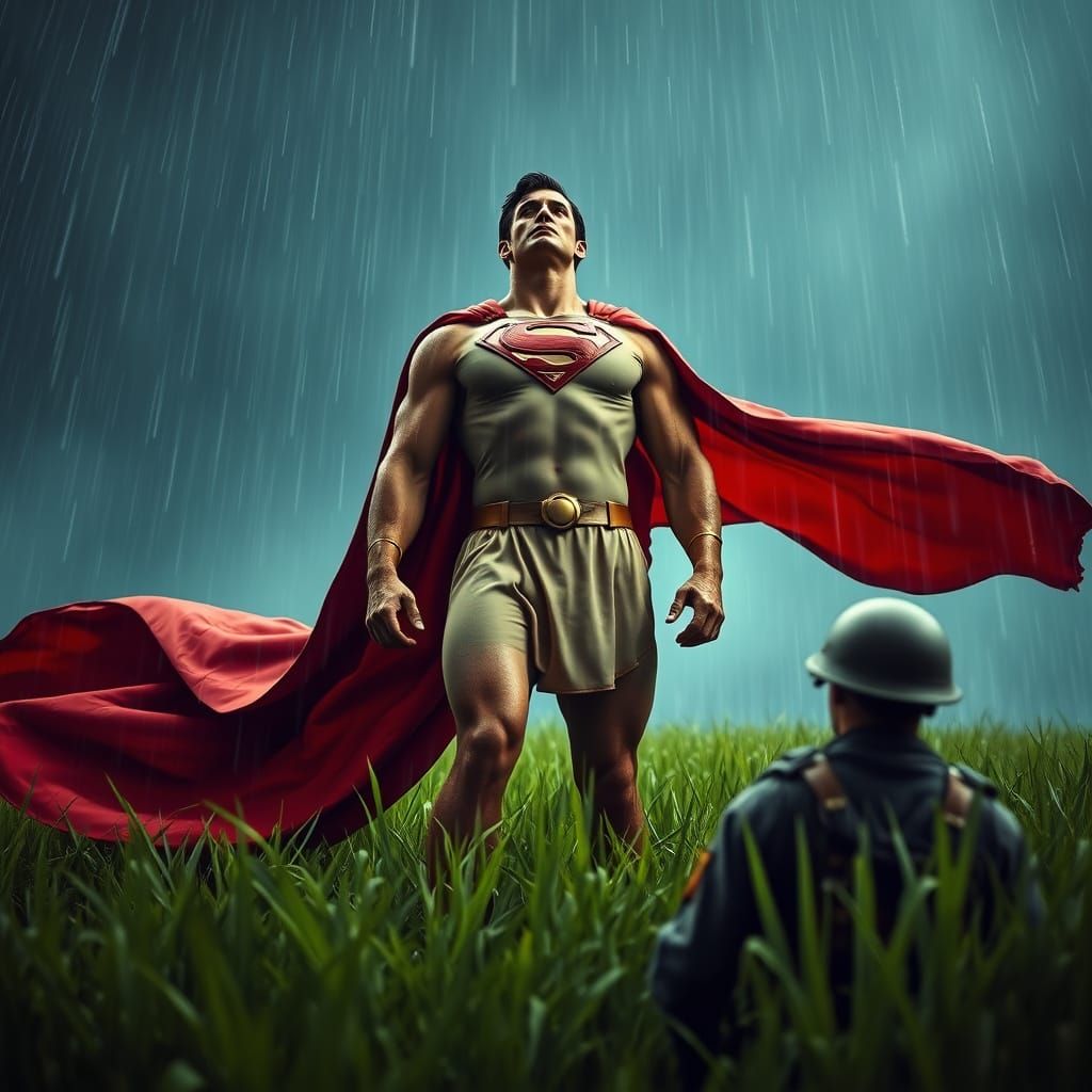Hercules Superman in Stormy Field, Hyperrealistic Style