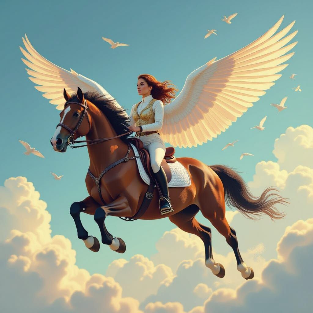 Majestic Winged Horse Soaring Through Clouds