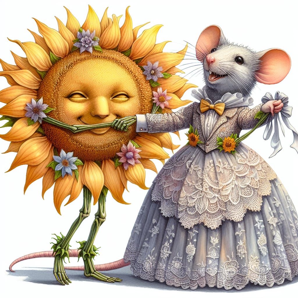 Mouse and Sunflower Wedding in Watercolor Style