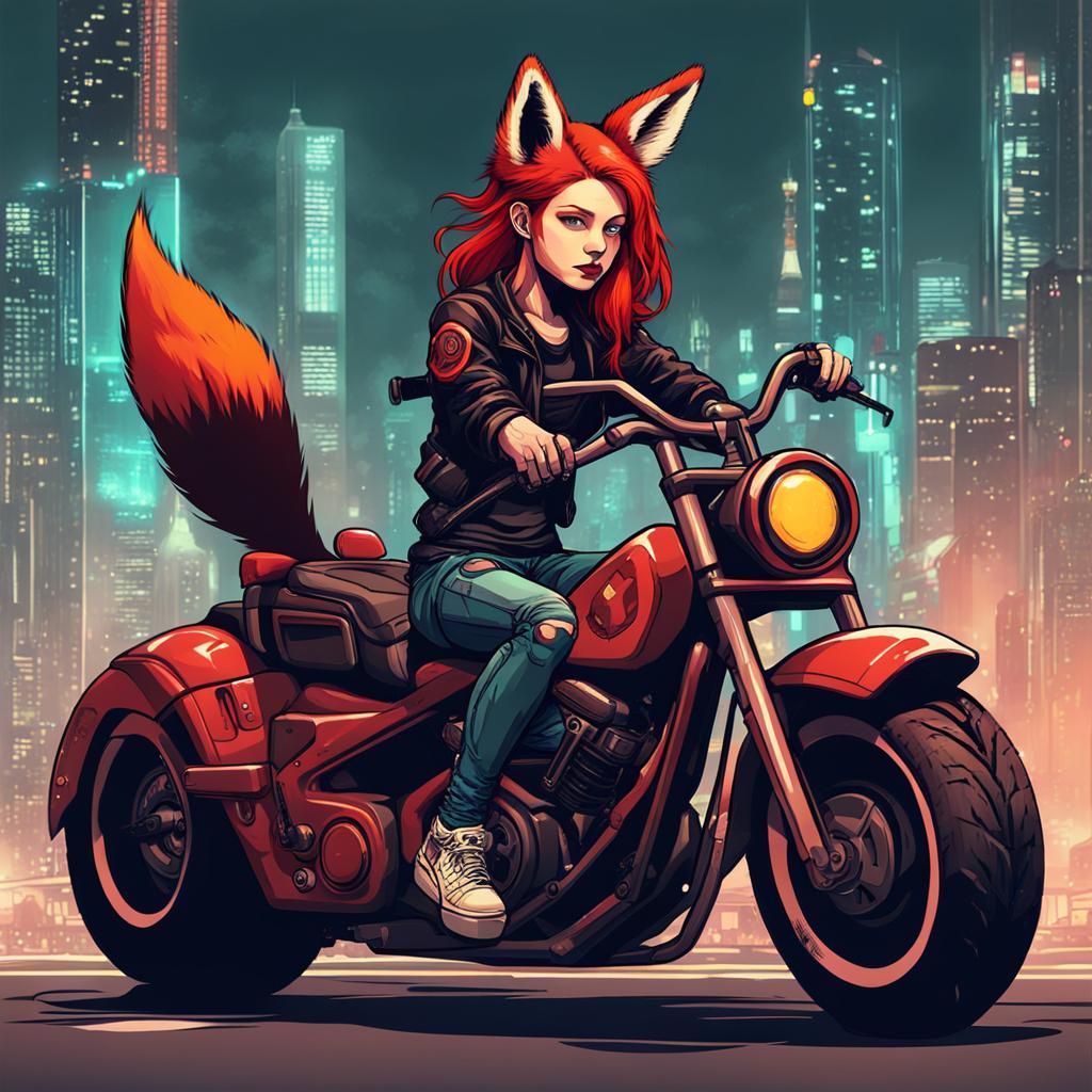 Cyberpunk Fox Girl on Motorcycle
