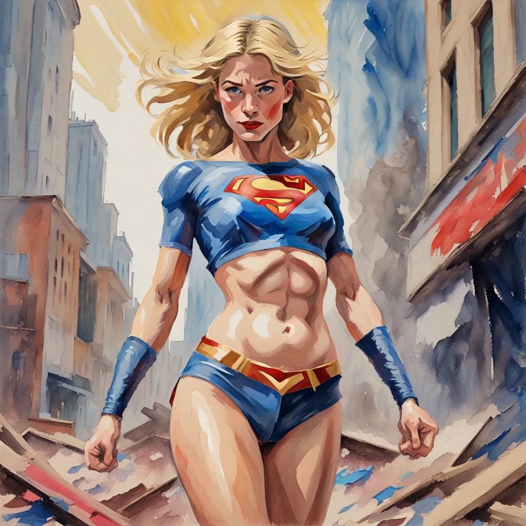 Supergirl in Gouache Style Watercolor Painting