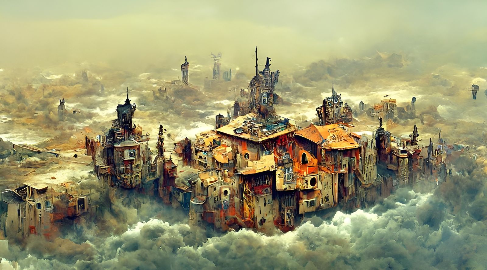 Apocalyptic Medieval Coastal Castle Town, Detailed Illustrat...