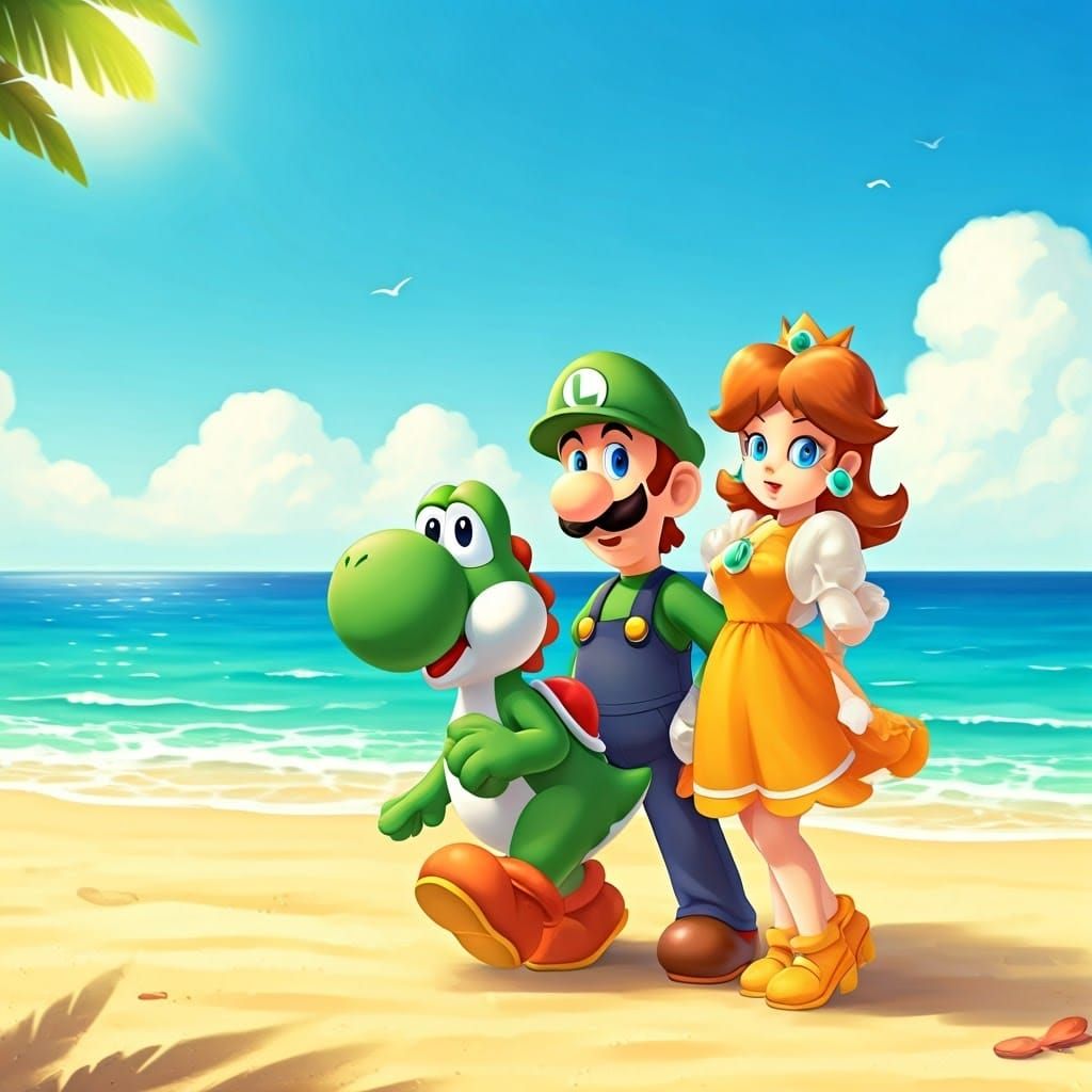 Luigi and Princess Daisy, on holiday at Cheep Cheep Beach, with a Yoshi.
Super Luigi Sunshine