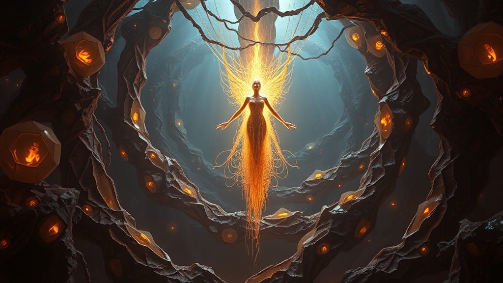 Ethereal Being in Crystalline Network, Dark Fantasy Art
