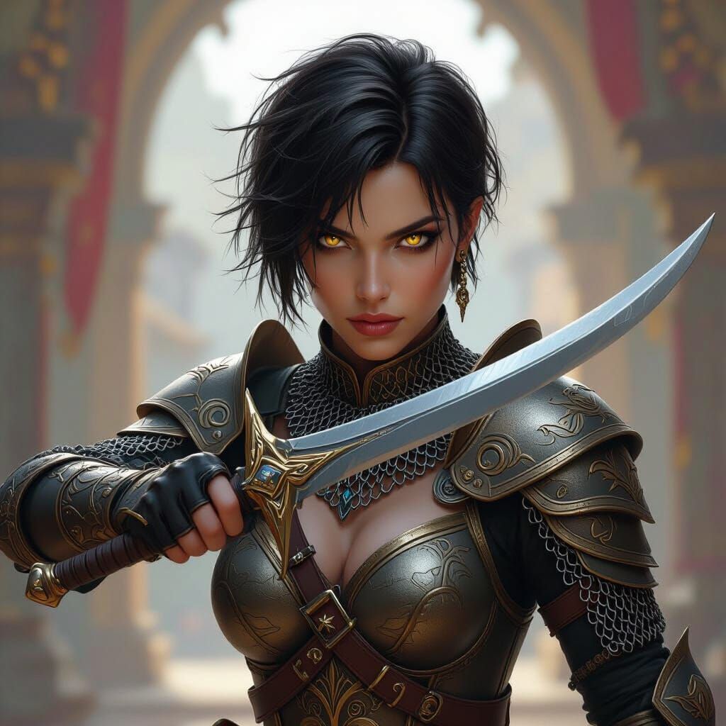 Female Warrior with Dagger and Scimitar in Chainmail