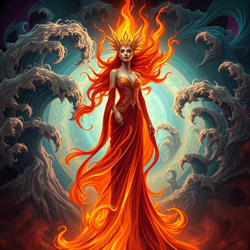 Surreal Digital Princess Reigns Over Flaming Waves