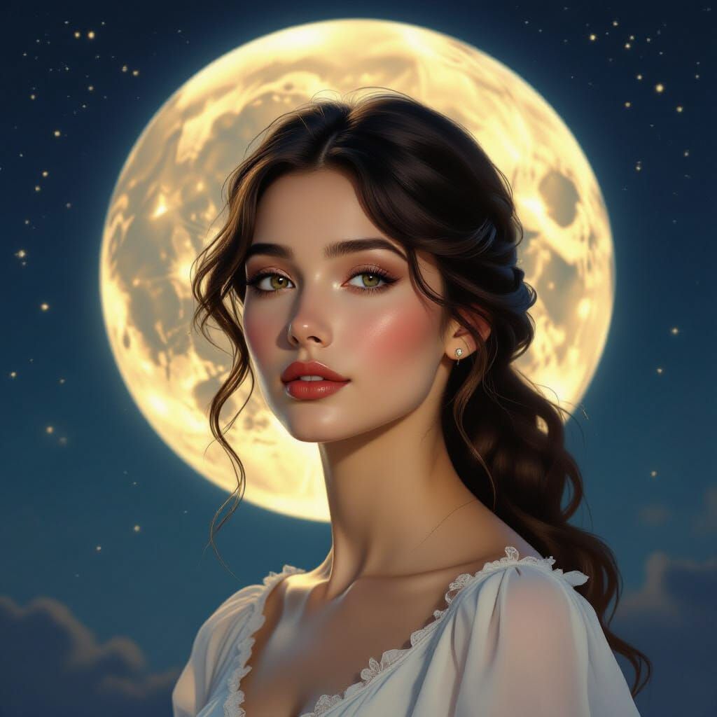 Woman Under Luminous Full Moon Portrait