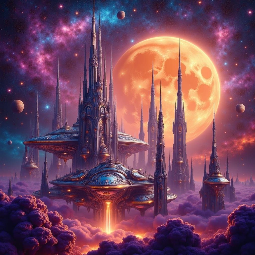 Futuristic Lunar City in Rococo-Wave Oil Painting