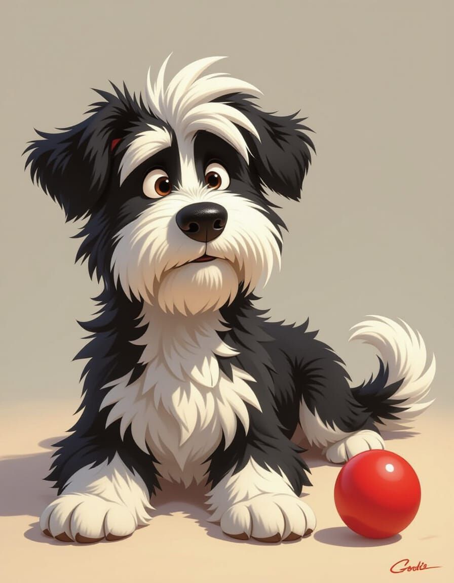 Whimsical Shaggy Dog with Red Ball, Cartoon Style