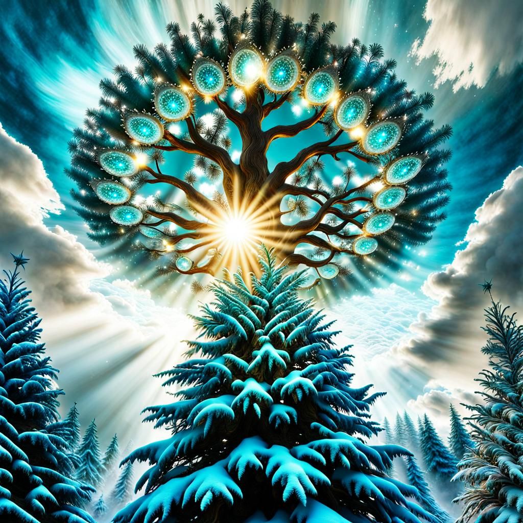 Eerie Christmas Tree View with Dramatic Lighting