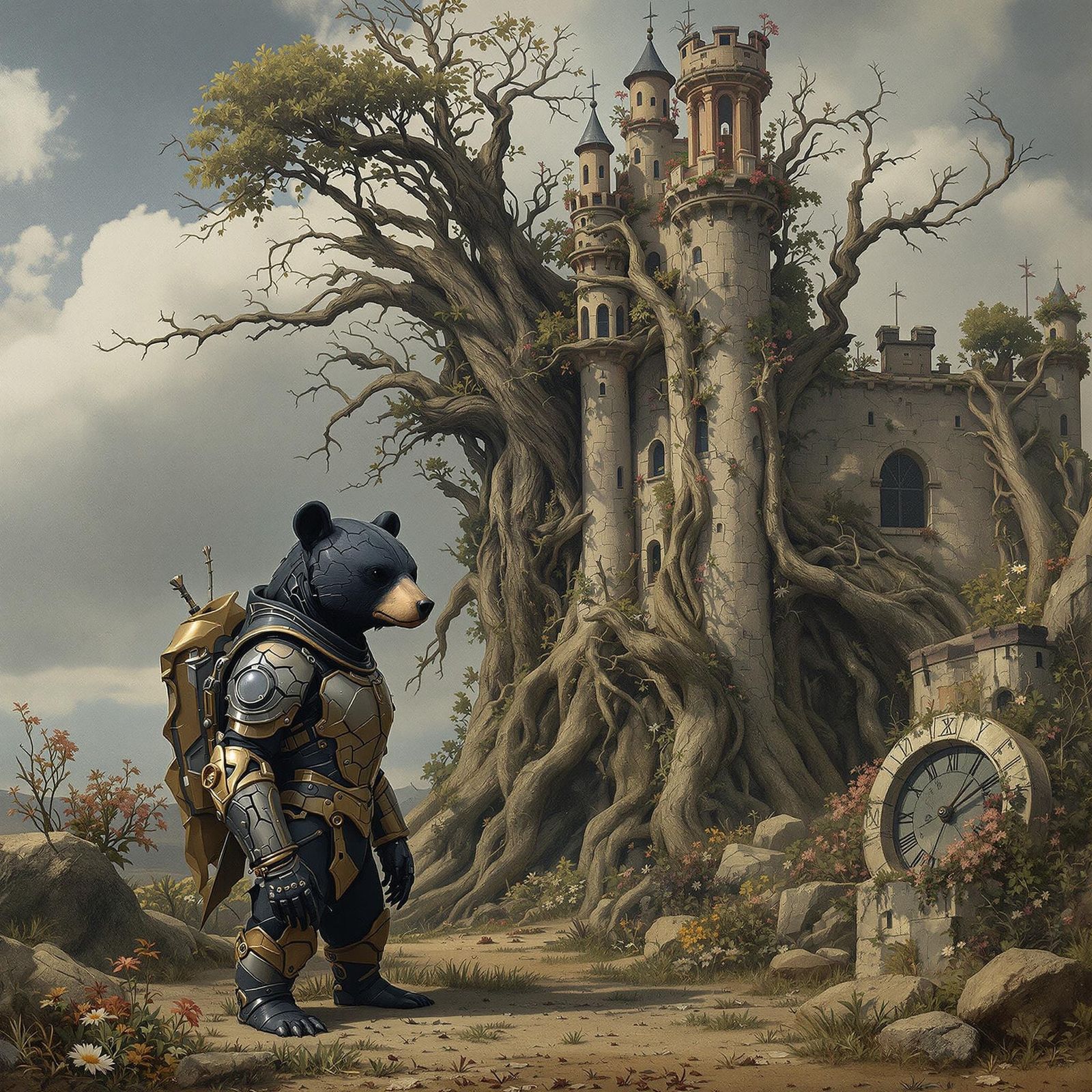 Cyborg Bear in Byzantine Armor Beside Surreal Castle