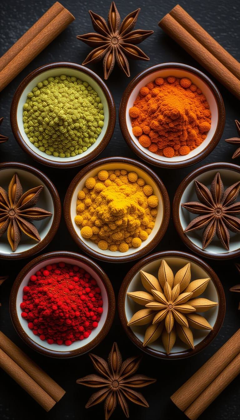 Vibrant Spices in Ceramic Bowls: Top-Down Macro View
