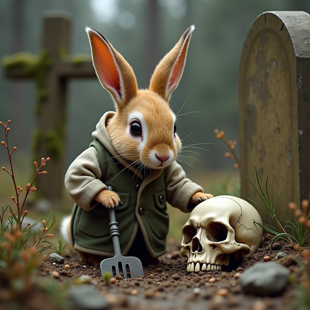 Benjamin Bunny as Gravedigger in Whimsical Gothic Style