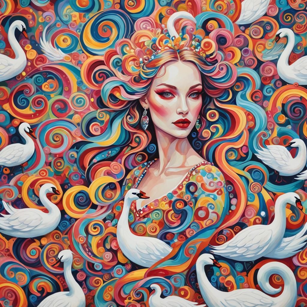 Swan Woman in Candyland Gouache Wonderland